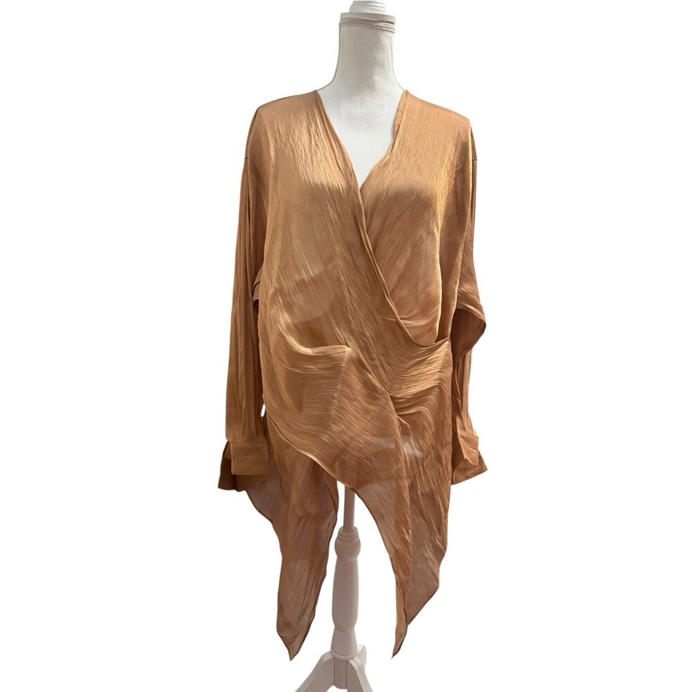 S-DEER NWT XXL Champagne Bronze Crinkled Draped Surplice Tunic Blouse - Picture 2 of 7